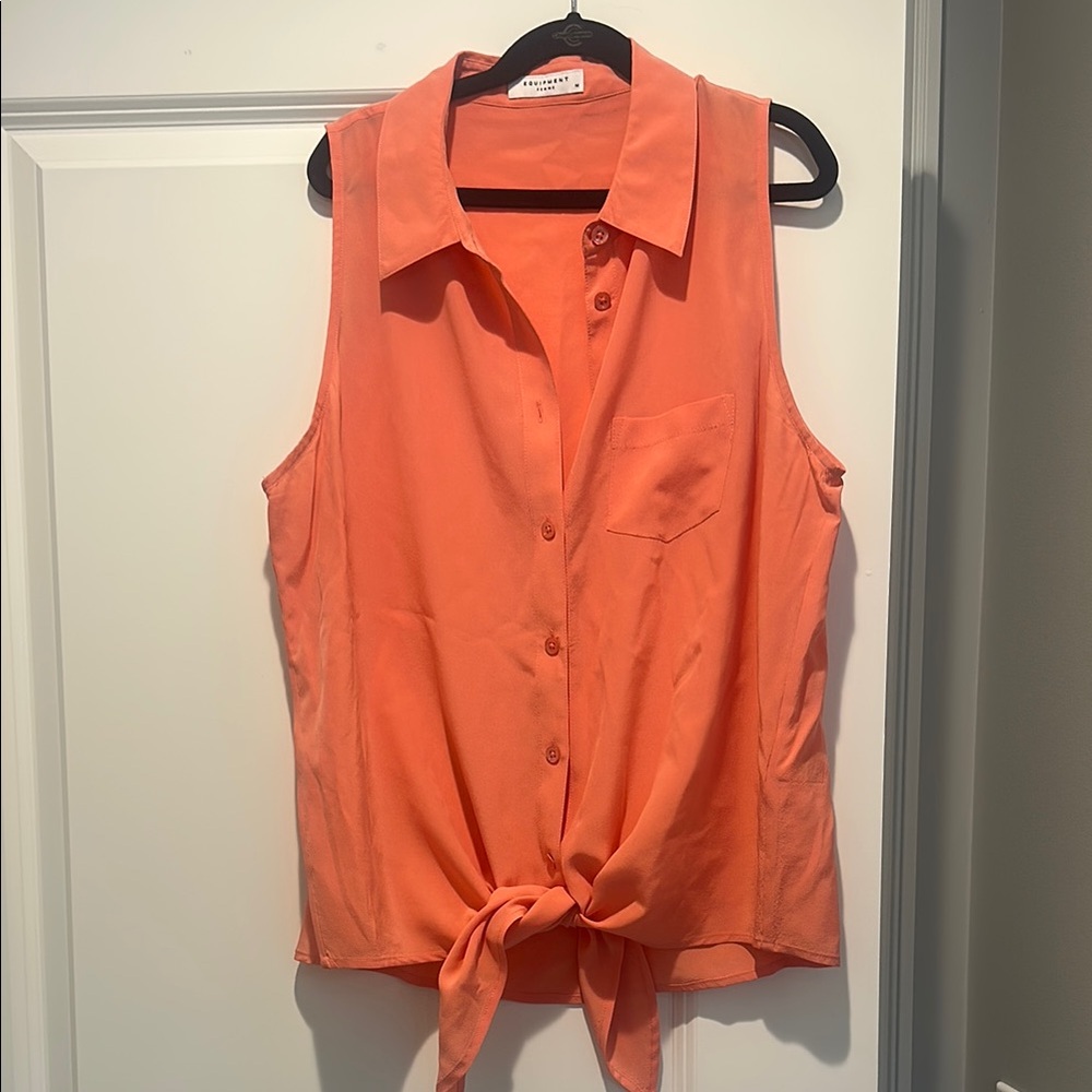 Equipment Salmon colored Sleeveless Collared Button Down Blouse with tie front